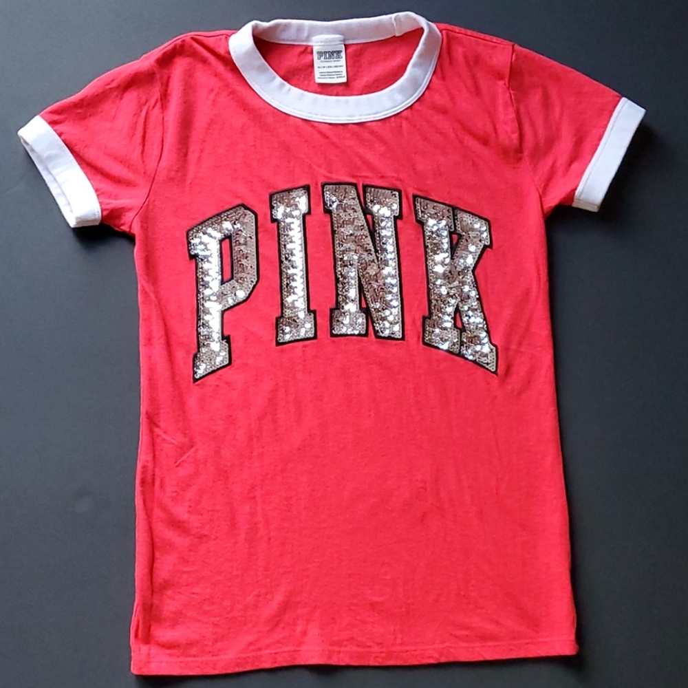 NWOT PINK Sequin Logo Ringer T-Shirt